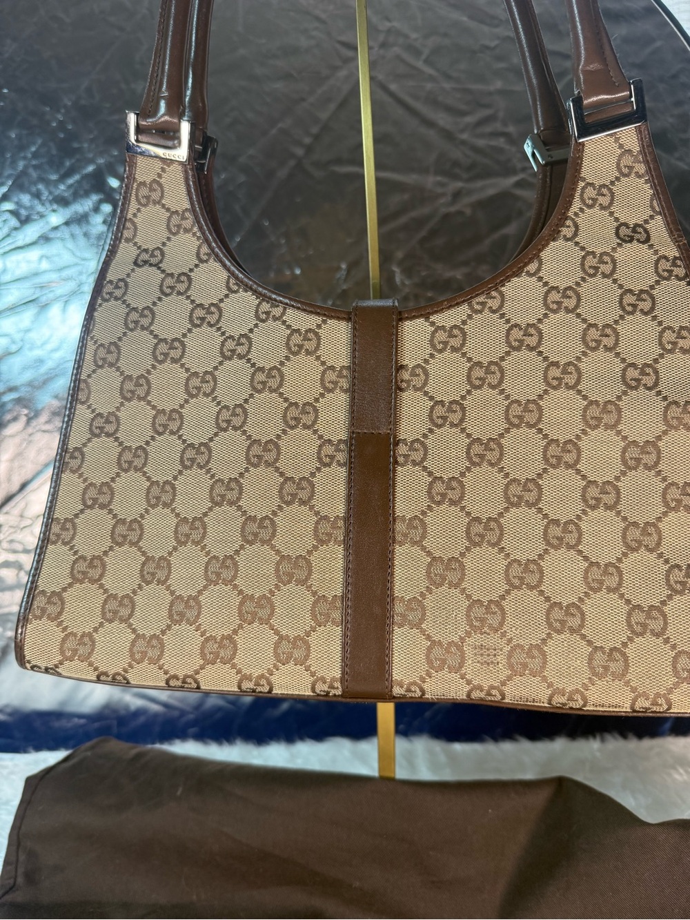 Gucci Beige Brown GG Canvas Shoulder Bag with Dark Brown Leather Trim - Picture 5 of 8